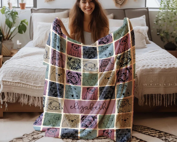 Bulldog Custom Name Blanket Gift | Personalized Vintage English Bulldog Throw | Name Bulldog Lover Blankets | Animal Lover Throw