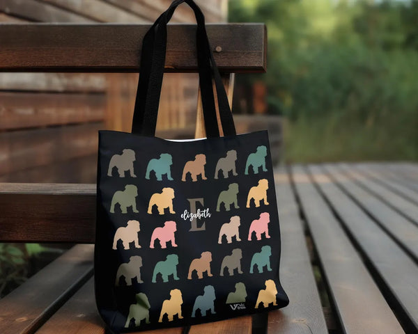 Custom Name Retro Bulldog Tote Bag | Personalized Vintage Shoulder Bag for Dog Lovers | Cute Pet Owner Gift | Stylish English Bulldog Shopper