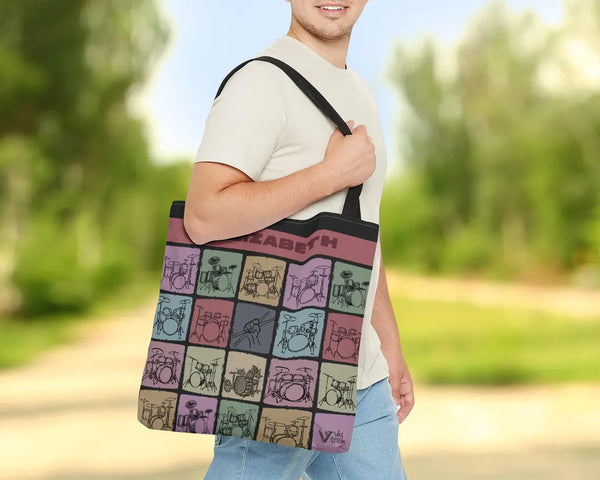 Custom Name Drummer Tote Bag - Personalized Music Lover Gift - Retro Drum Player Shopper Vintage Drummer Graphic Tote
