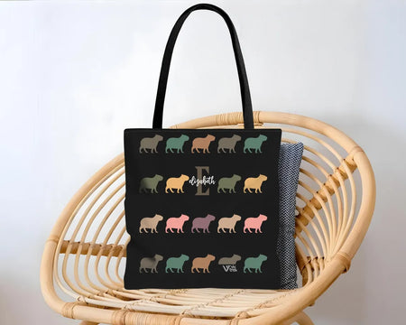 Custom Initial Name Capybara Tote Bag β Vintage Personalized Lover Gift β Retro Cute Rodent Shoulder Bag