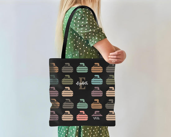 Personalized Curling Initial Tote Bag – Custom Initial Name Sports Gift Under $25, Retro Curling Stone Tote for Athletes 🥌