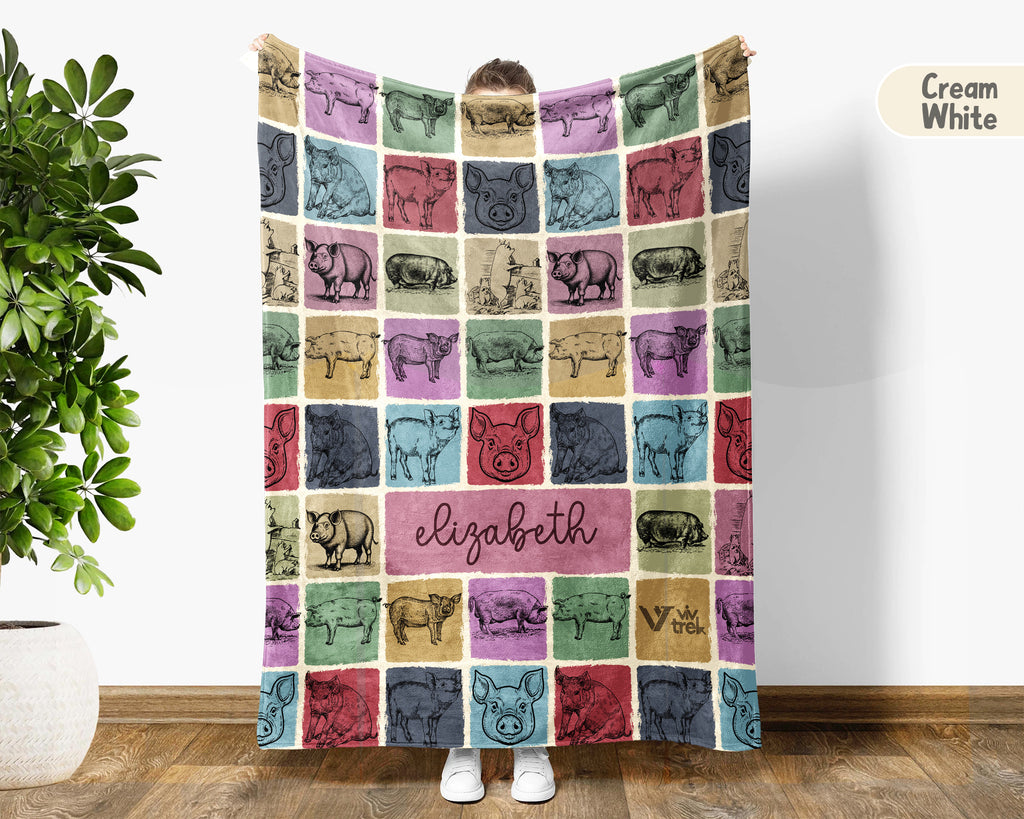 Custom Name Cozy Vintage Farm Animal Throw Gift Personalized Pig Blanket