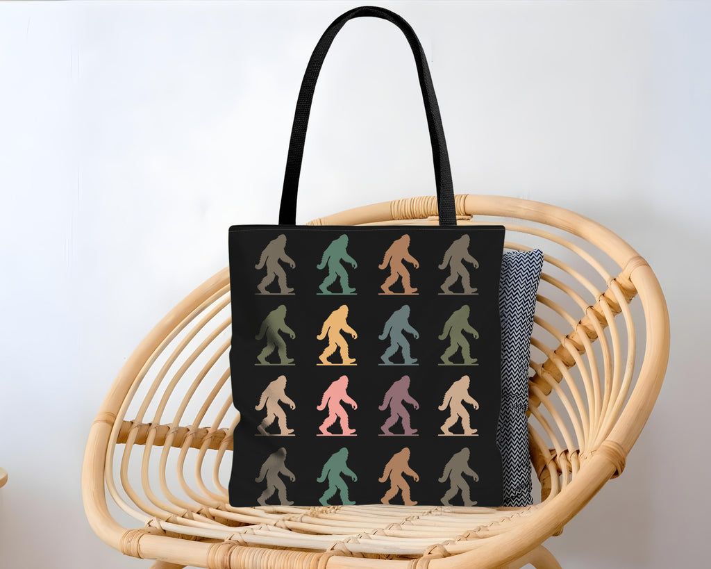 Black tote bag with colorful bigfoot pattern