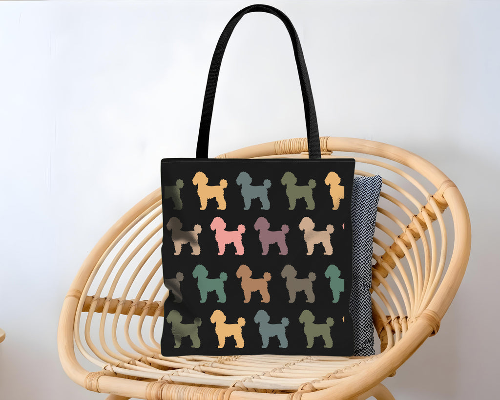 Black tote bag with colorful dog pattern