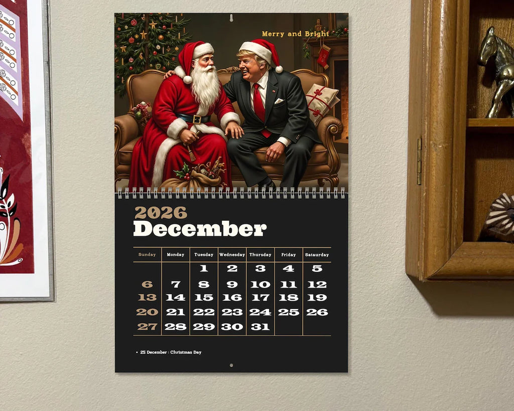 Calendar for December 2026 featuring a vintage-style illustration of Santa Claus and a man on a couch.