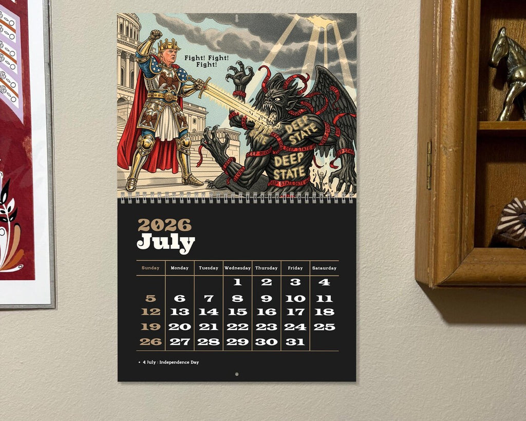 Calendar for July 2026 with a graphic design of a warrior and a dragon on a wall.