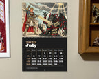 Calendar for July 2026 with a graphic design of a warrior and a dragon on a wall.