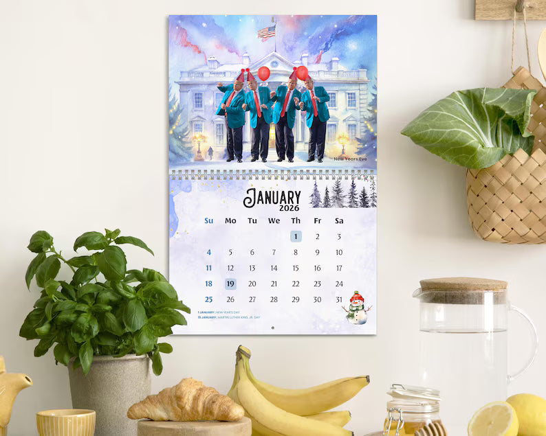 Calendar with a festive design of four people in red hats hanging on a wall next to a plant and kitchen items.