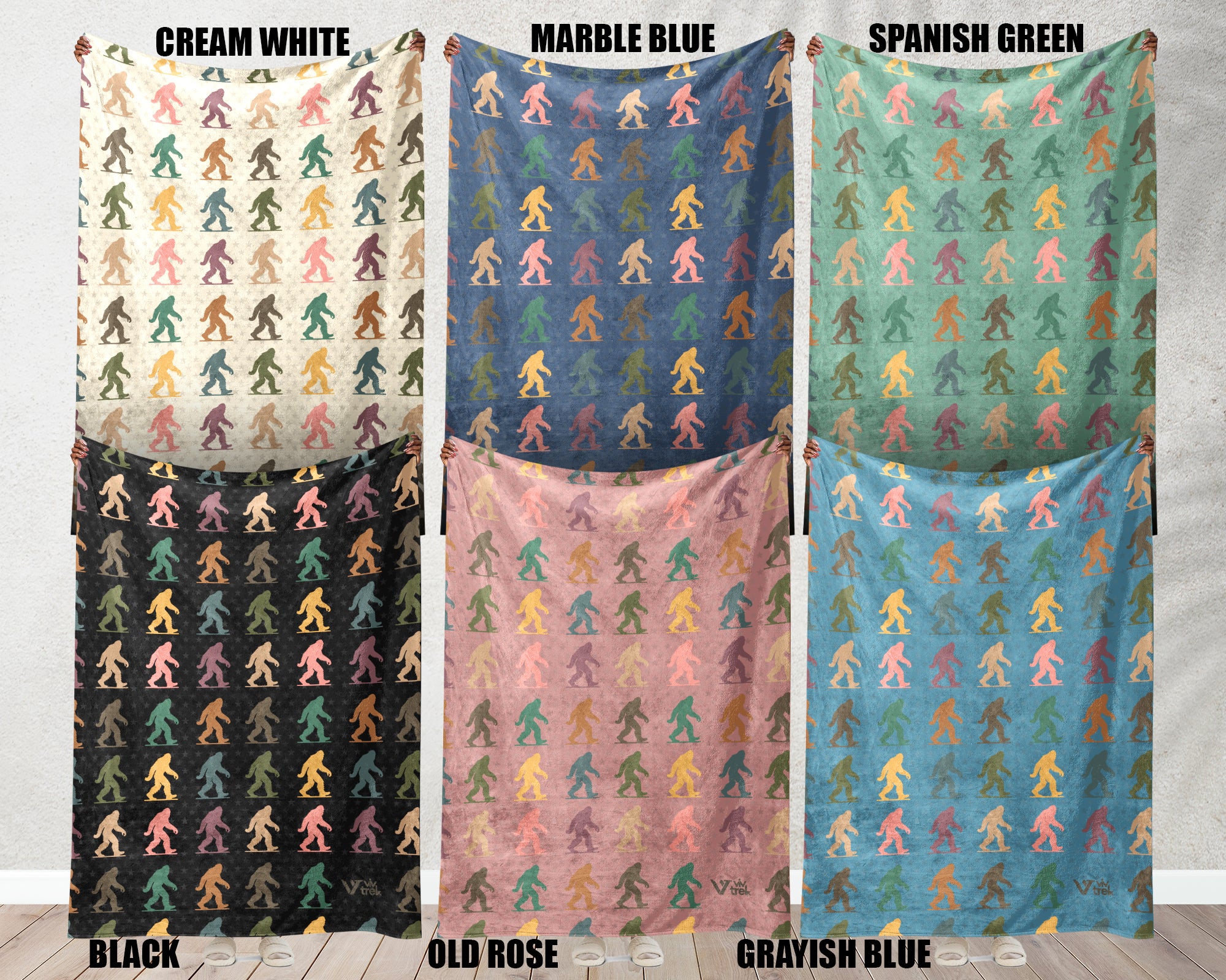 Collection of Bigfoot-themed blanket in various colors.