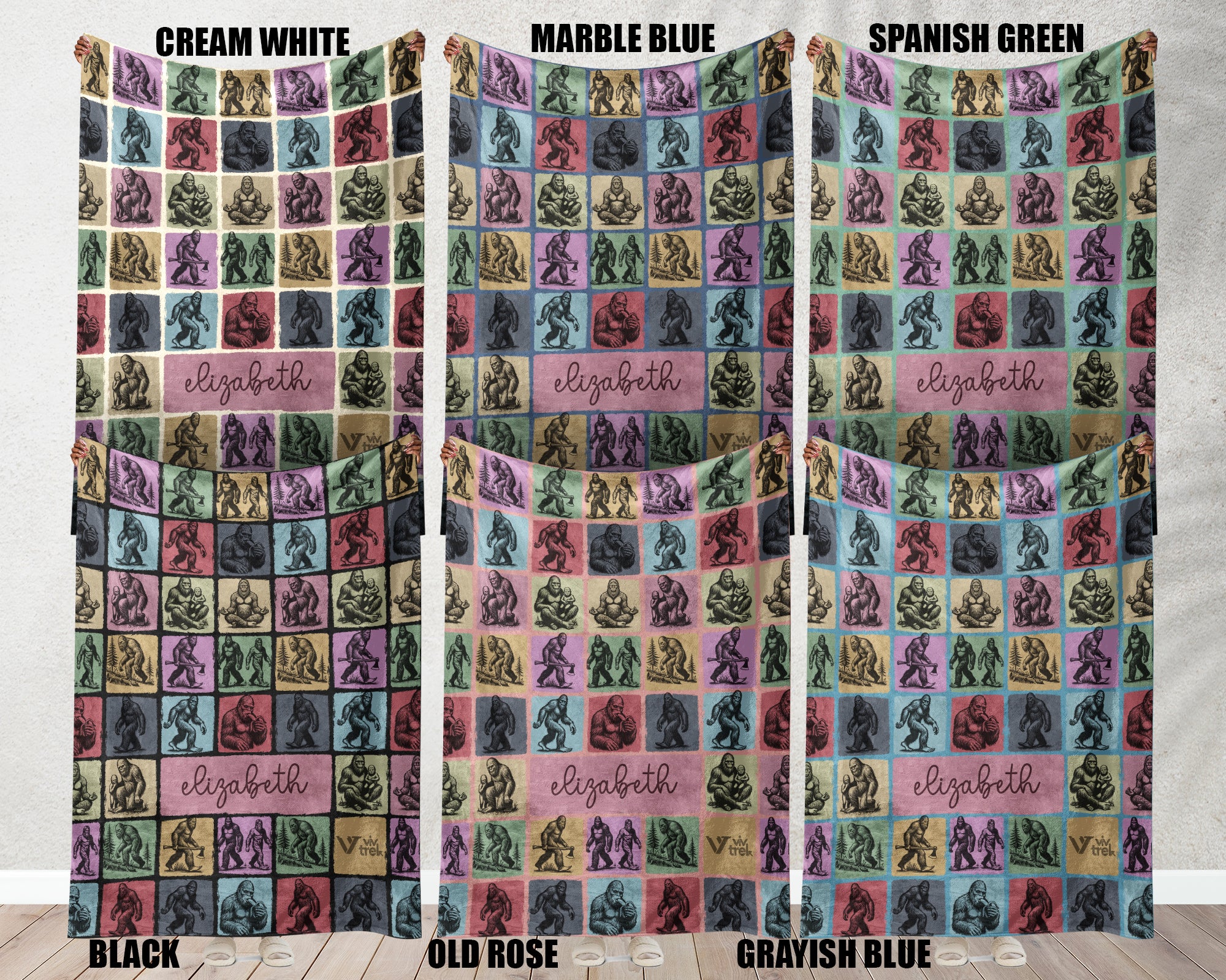 Color swatches of a patterned fabric with name printed on it, displayed in various colors.