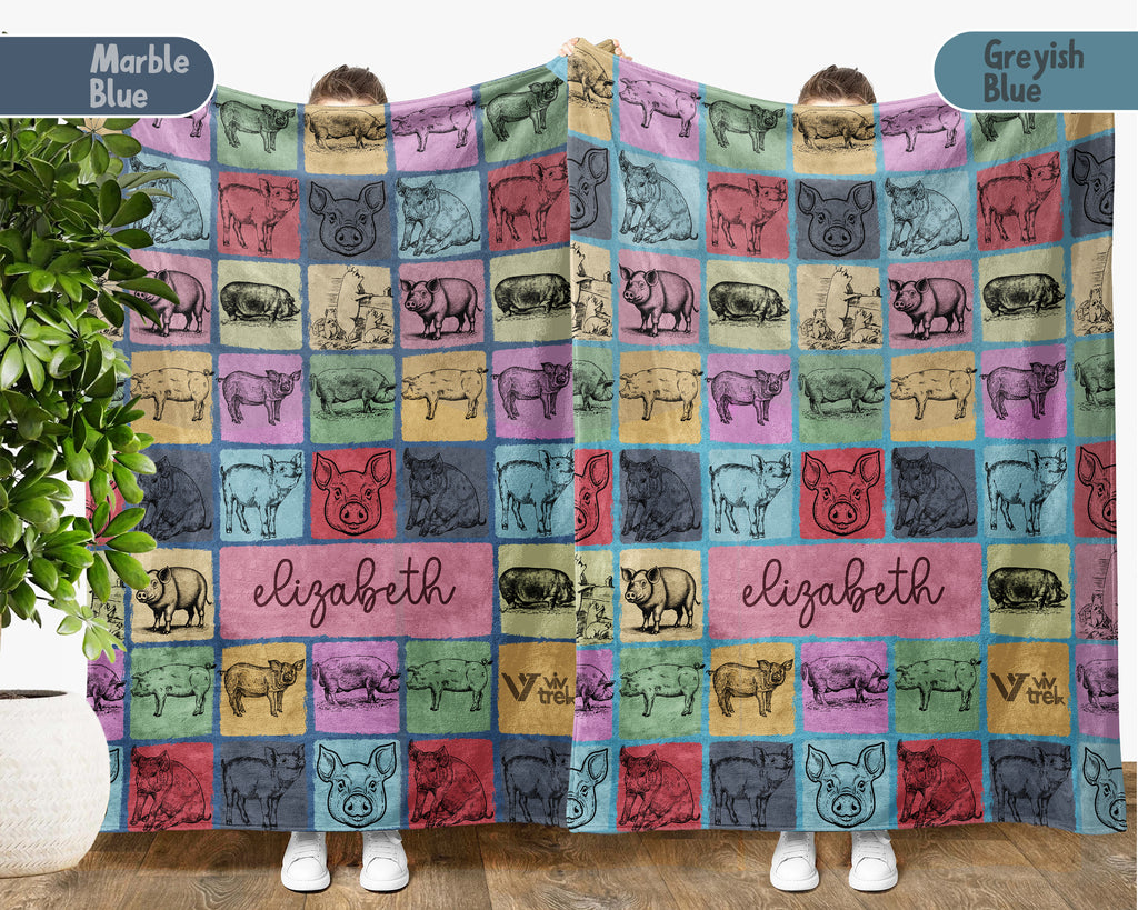 Custom Name Cozy Vintage Farm Animal Throw Gift Personalized Pig Blanket