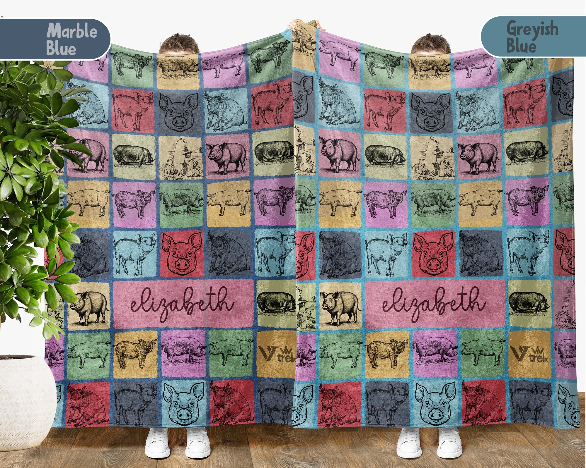 Custom Name Cozy Vintage Farm Animal Throw Gift Personalized Pig Blanket