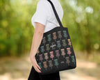 Person holding a black tote bag with name text colorful disc golf disc pattern outdoors.