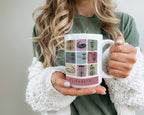 Person holding a mug with decorative patterns and the name on it.