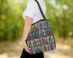 Person holding a tote bag with a pattern of stylized figures in various poses.