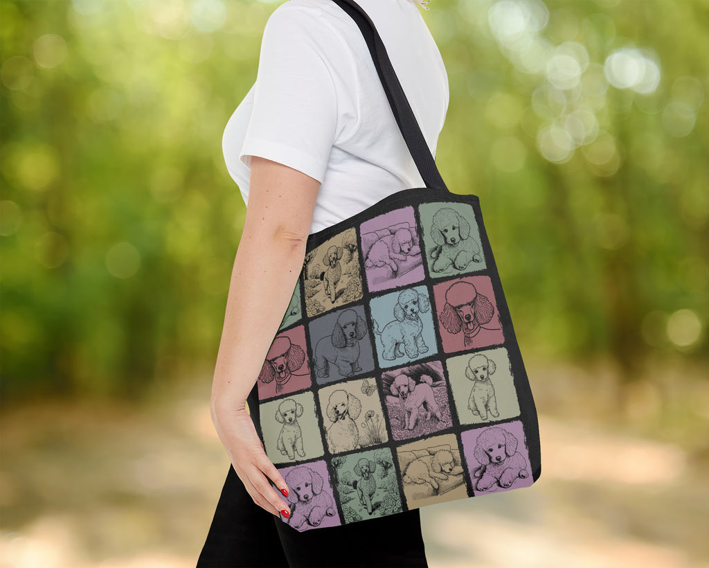 Person holding a tote bag with dog pattern
