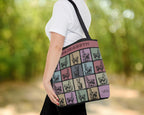 Person holding a tote bag with llama pattern and name text outdoors.
