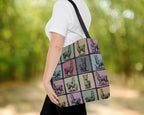 Person holding a tote bag with llama pattern outdoors.
