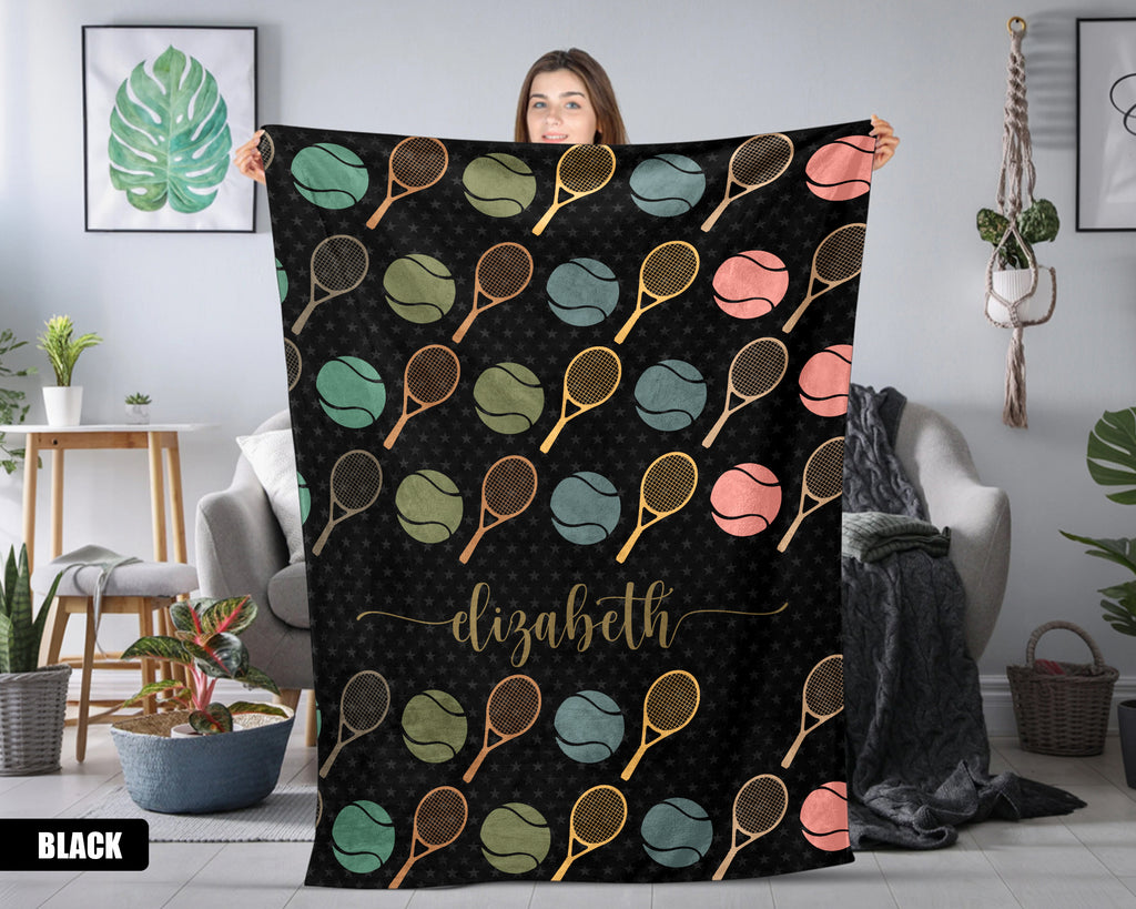 Retro Personalized Tennis Blanket, Custom Name Cozy Gift for Players