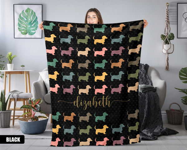 Custom Name Dachshund Blanket, Retro Dog Lover Throw, Personalized Pet Gift