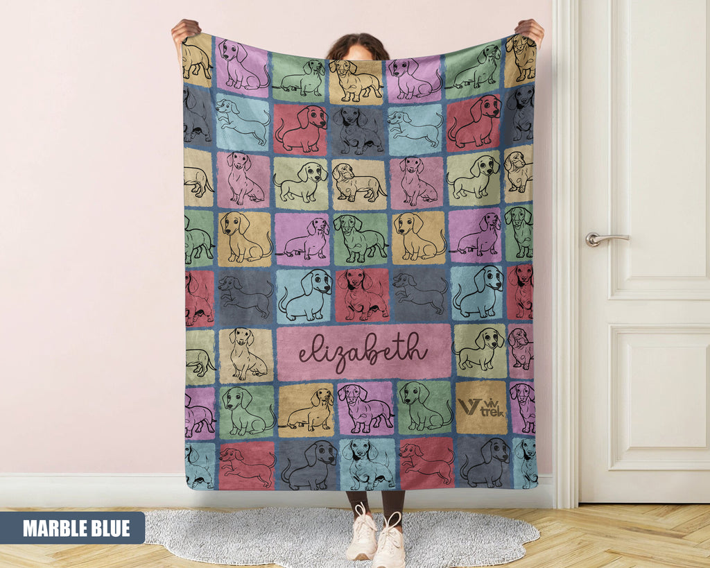 Custom Name Dachshund Blanket, Vintage Retro Dog Throw, Personalized Pet Gift