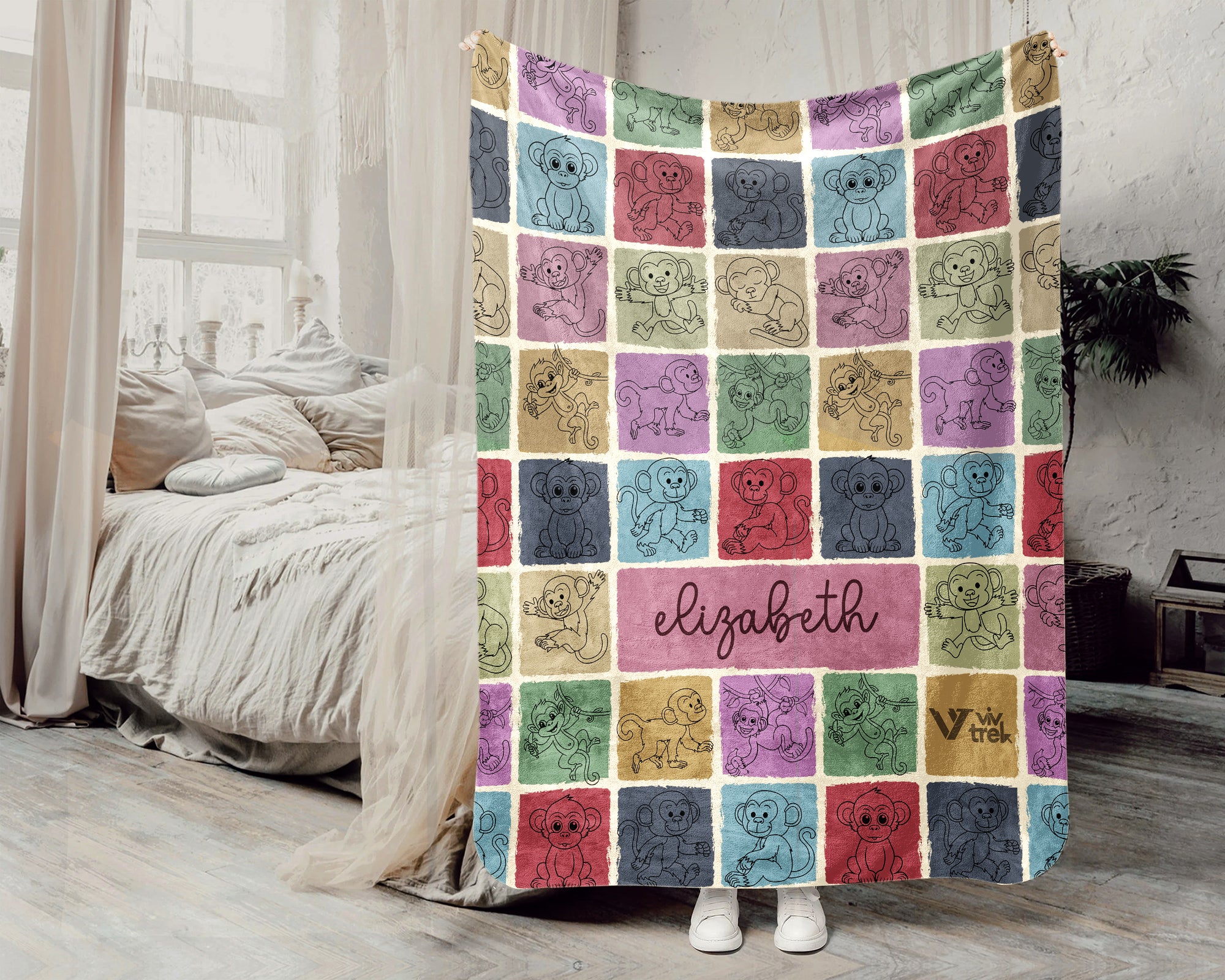 Personalized Monkey Blanket Custom Name Cozy Retro Animal Throw Gift