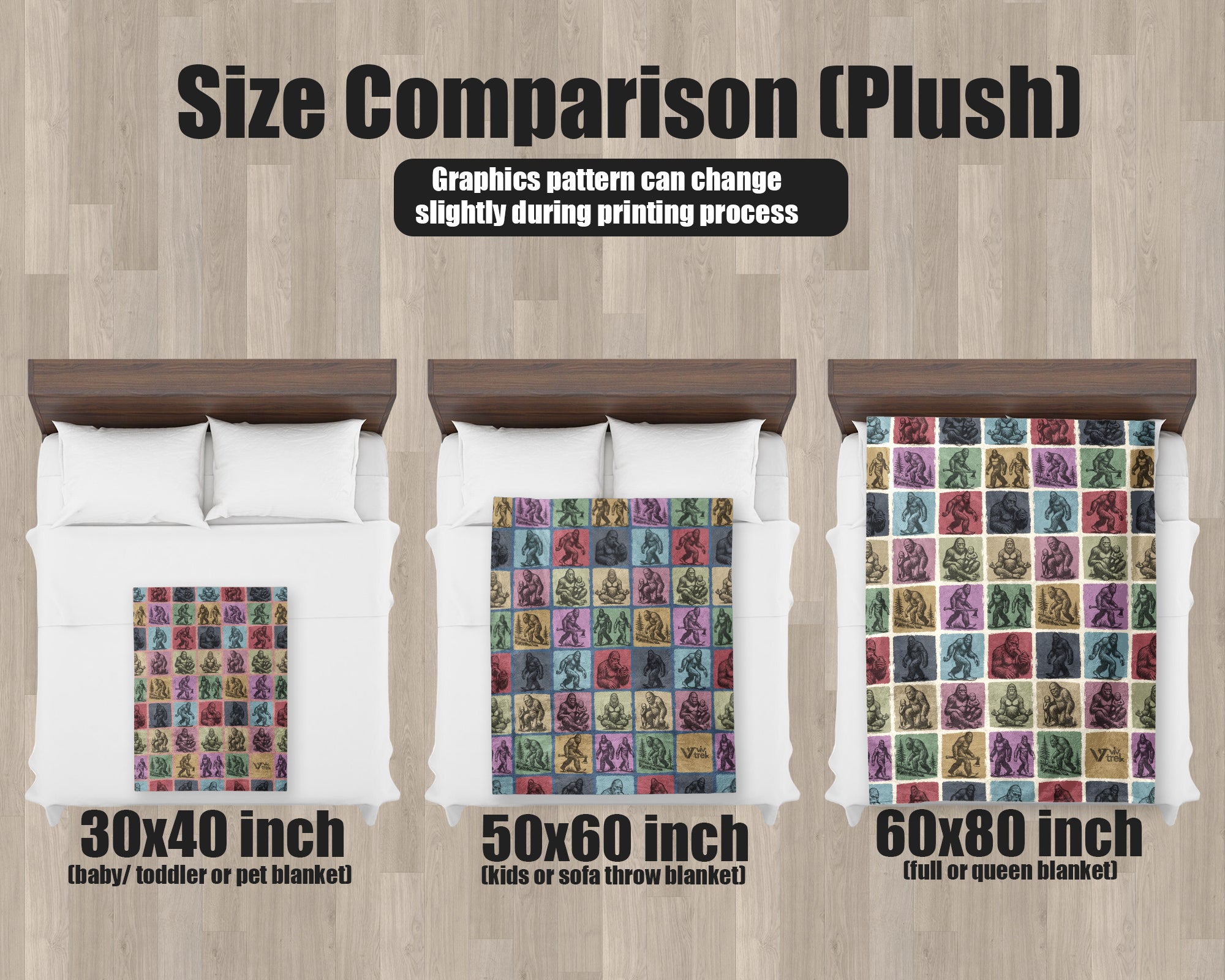 Size comparison chart for plush Bigfoot blankets background