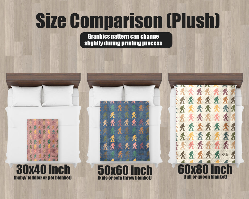 Size comparison chart for plush Bigfoot blankets on background