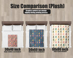 Size comparison chart for plush Bigfoot blankets on background