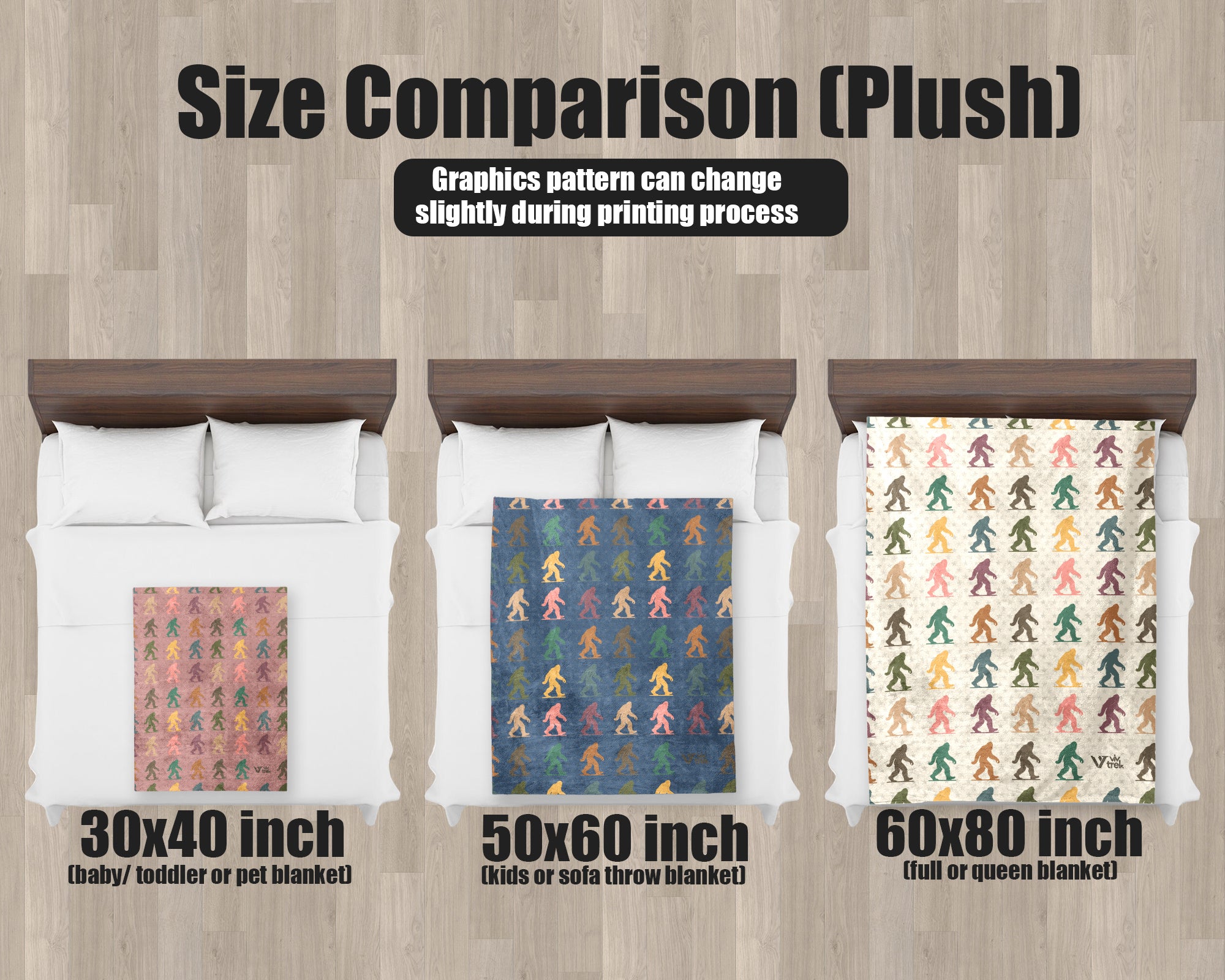 Size comparison chart for plush Bigfoot blankets on background