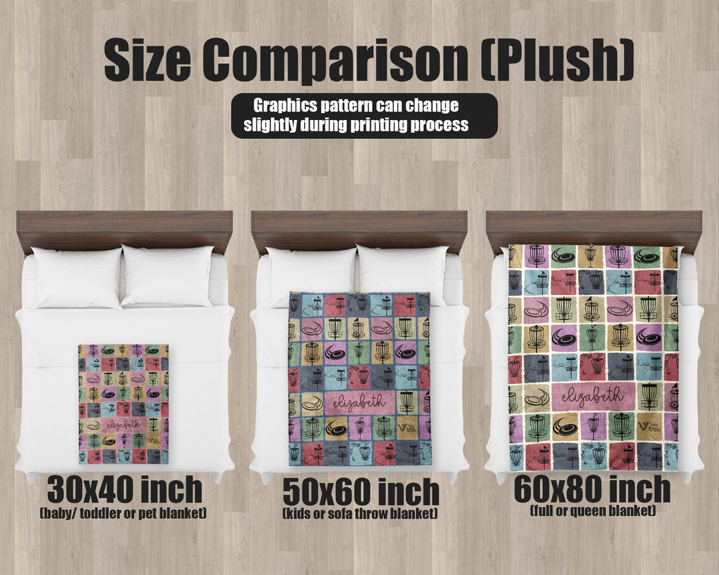 Size comparison chart for plush Disk Golf blankets on a background.