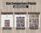 Size comparison chart for plush Disk Golf blankets on a background.