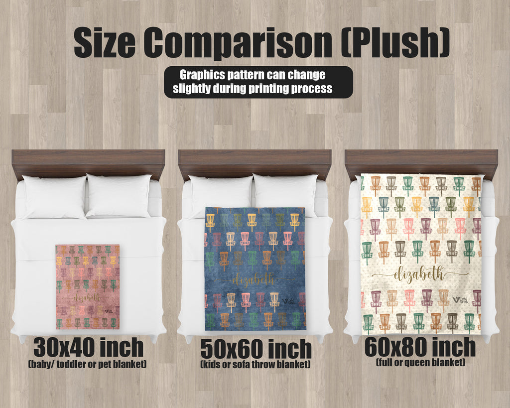 Size comparison chart for plush Disk Golf blankets on a background