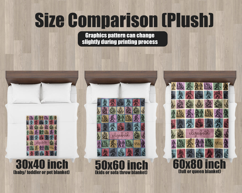 Size comparison chart for plush bigfoot blankets on a background