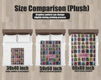 Size comparison chart for plush bigfoot blankets on a background