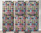 Three color options of a patterned blanket with name text printed on it.