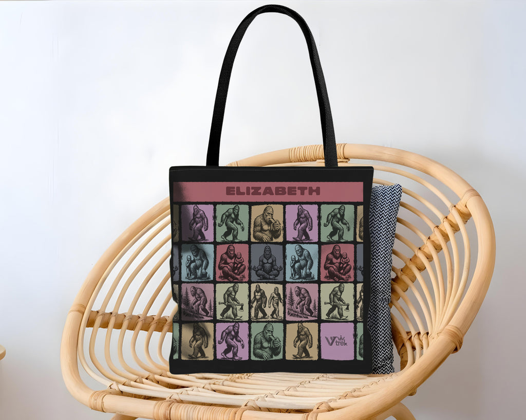 Tote bag with colorful design and name text on a background