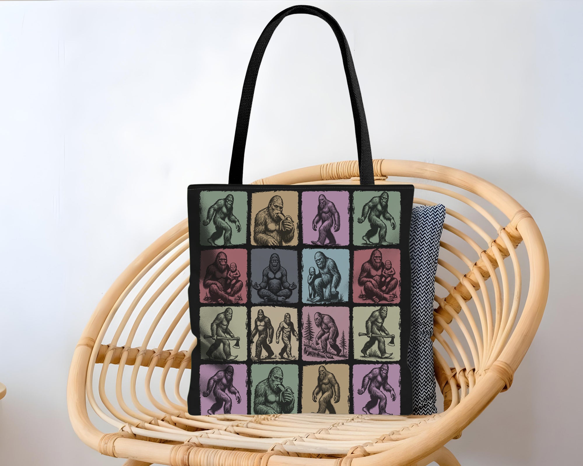 Tote bag with colorful design of a bigfoot