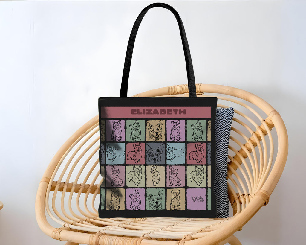 Tote bag with dog illustrations and  branding name text
