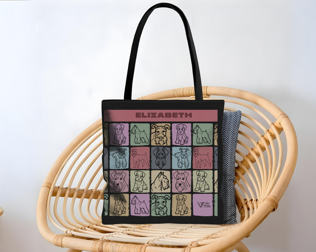 Tote bag with dog illustrations and branding with name text.