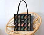 Tote bag with dog pattern and branding text with initial name