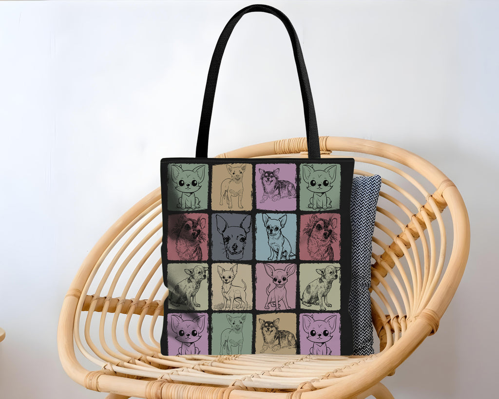 Tote bag with dog pattern on a black white background