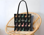 Tote bag with llama pattern and Name branding.