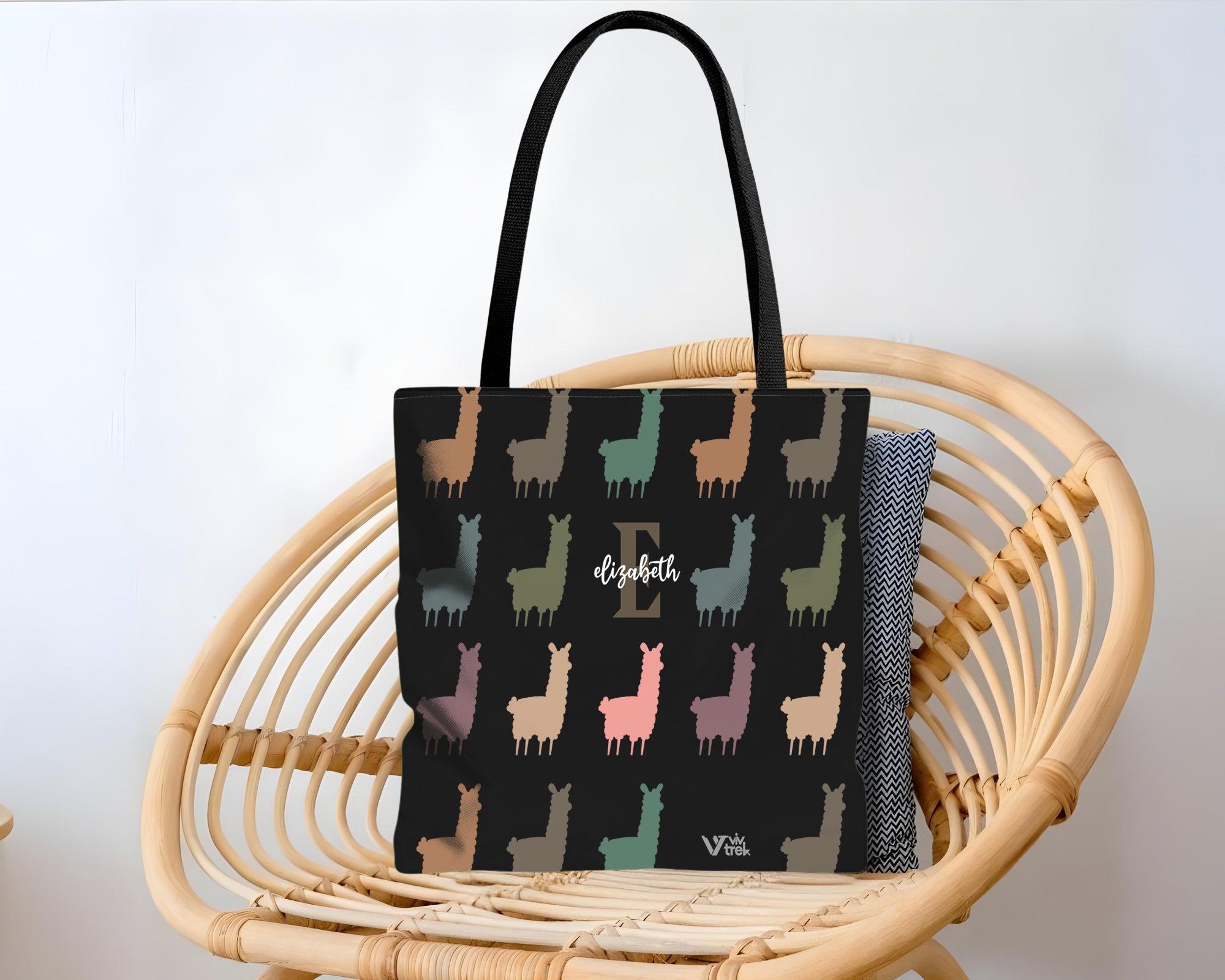 Tote bag with llama pattern and Name branding.