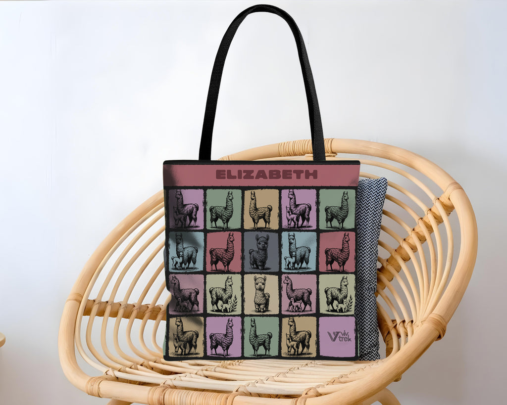 Tote bag with llama pattern and Name text branding.