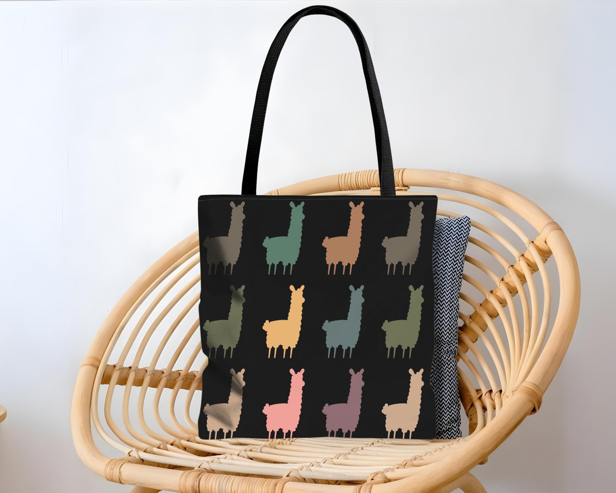 Tote bag with llama pattern on a background