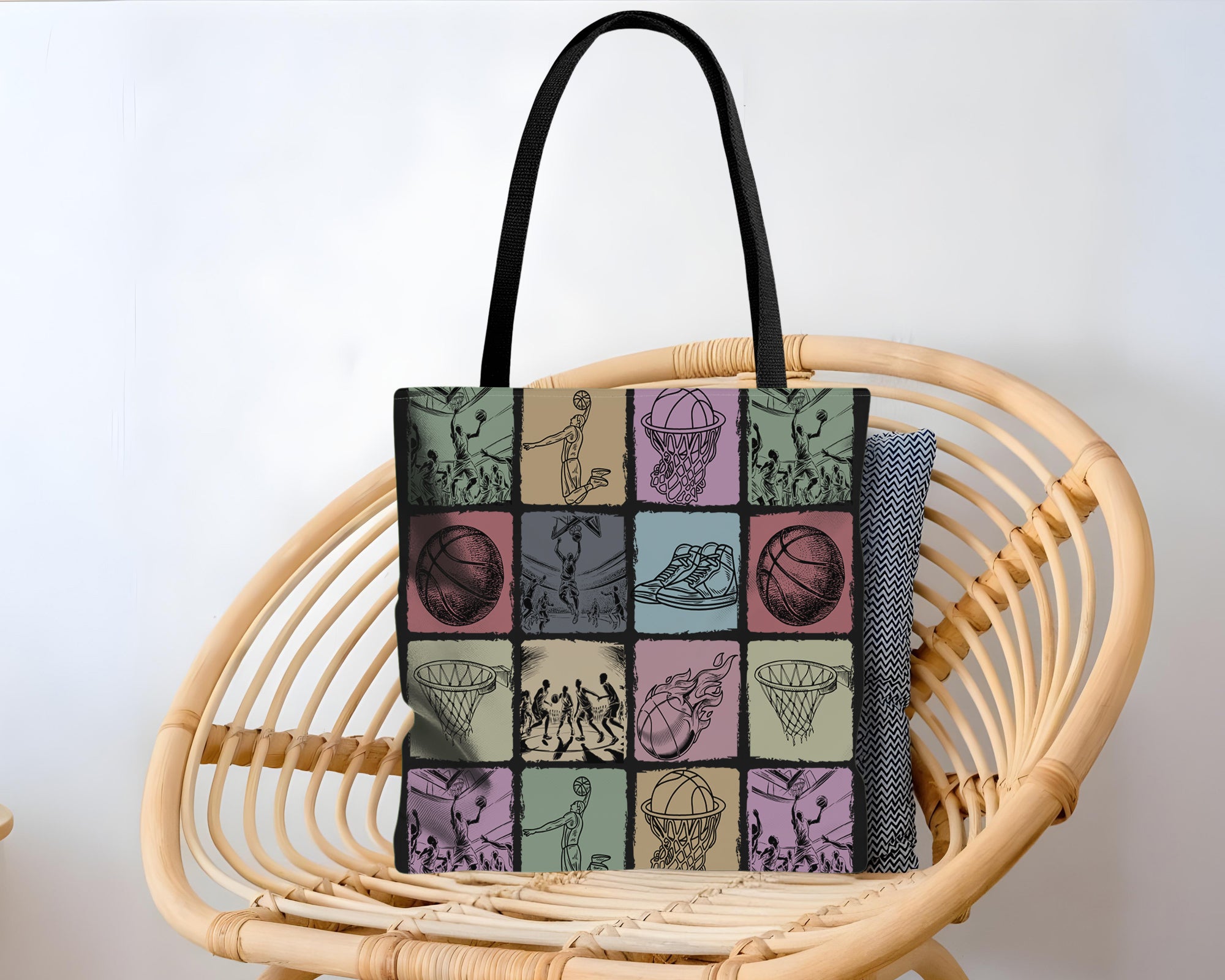Tote bag with sports-themed basketball  design on a light background