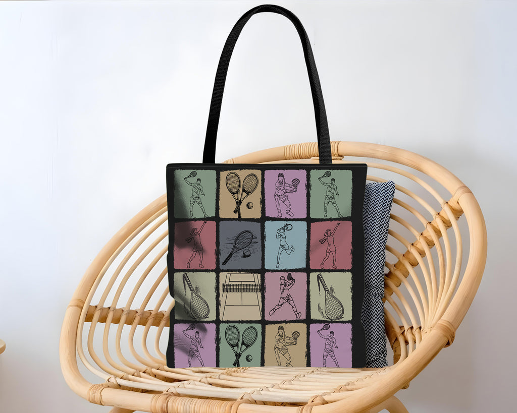 Tote bag with tennis-themed design on a wicker chair
