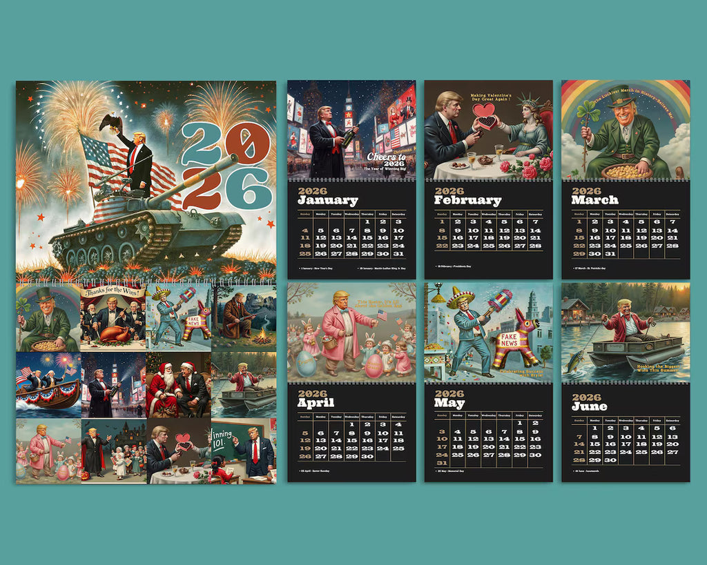 Vintage-style calendar with historical illustrations and text on a teal background