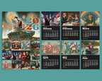 Vintage-style calendar with historical illustrations and text on a teal background
